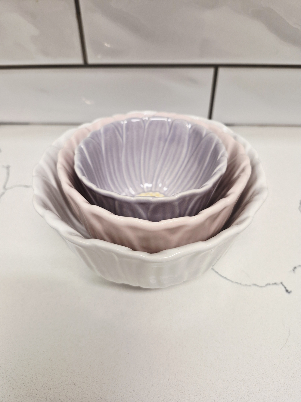 Ceramic Nesting Bowls Set in White, Blush Pink & Lavender